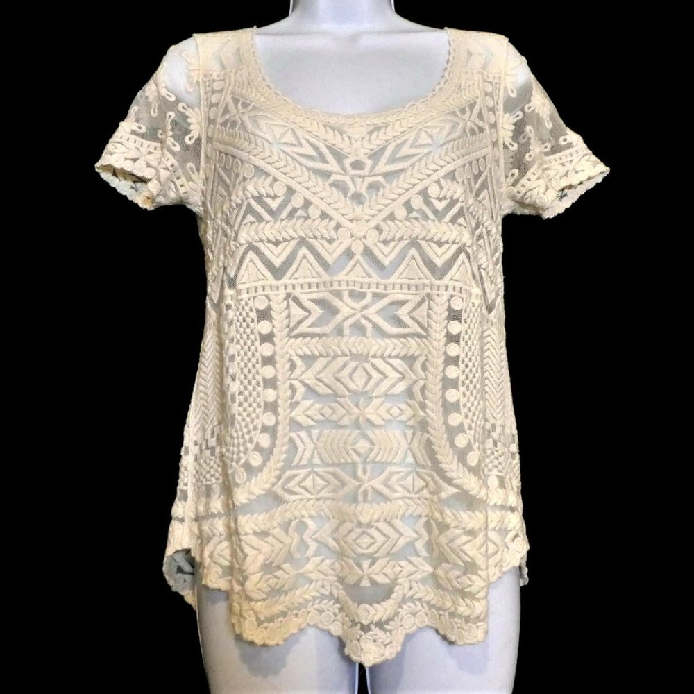 Meadow Rue Anthropologie Lace Top Sheer Short Sleeve Off White Scallop Hem